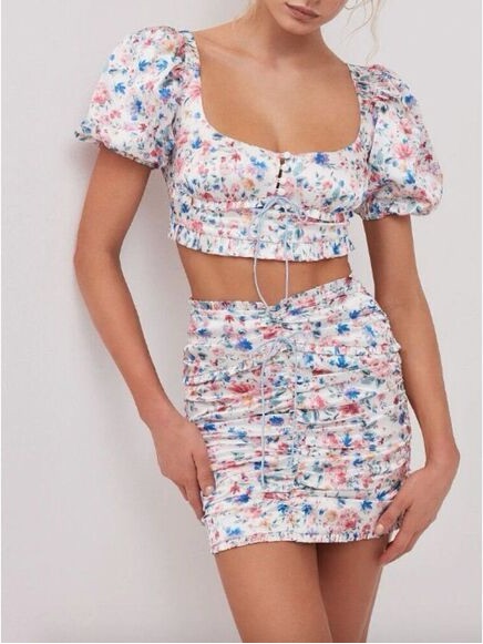 Floral Print High Waisted Mini Skirt + Cropped Top 2 Pieces Set Bohemian Style